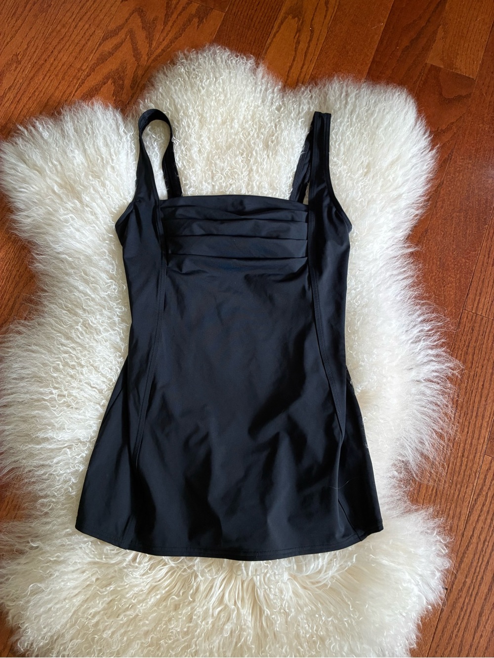 Calvin Klein Black One-Piece Swimdress with Pleated Square Neckline